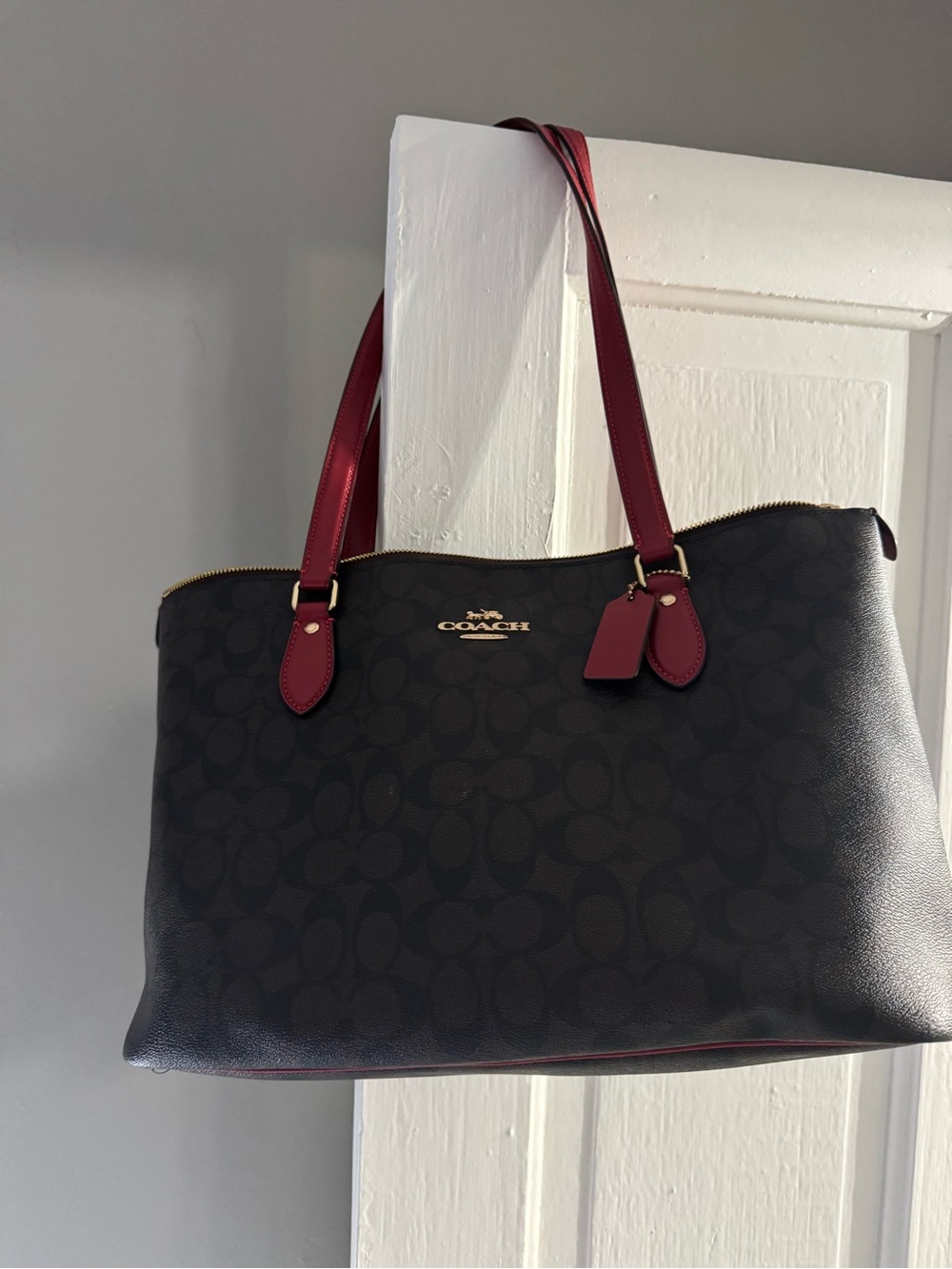Coach Black Signature Tote with Burgundy Straps